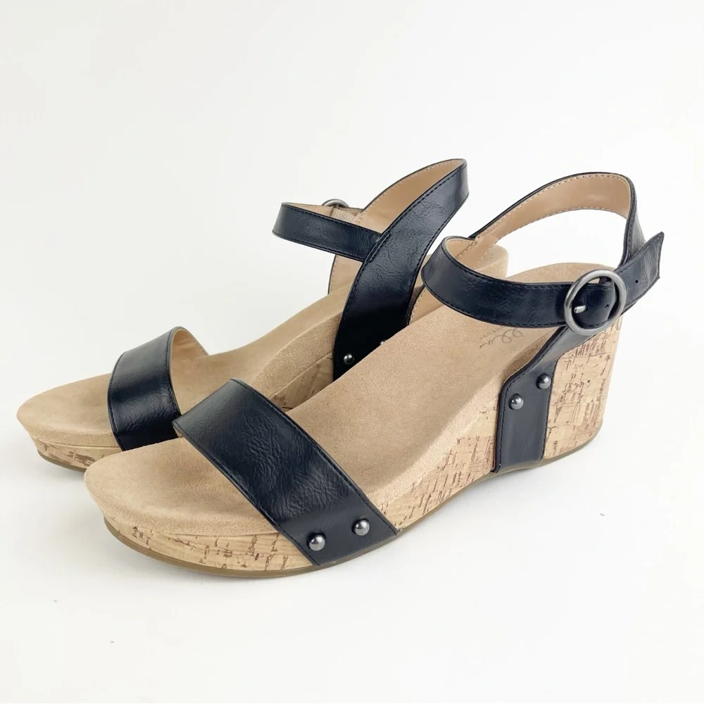 Abella True Comfort Daisy Black Cork Wedge Size 10